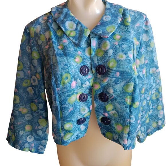 Women's XXL 20.5 Vintage Jacket 1950's Blue Floral Cropped Cape Peter Pan Collar - Picture 1 of 8